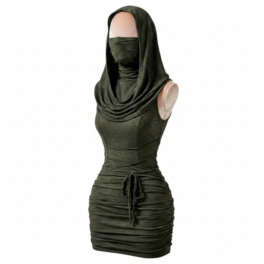 New XS Army Green Hooded Bodycon Mini Dress Ruched Grunge Y2K Sleeveless